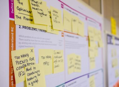 printed sticky notes glued on board