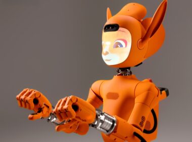 An orange robot with a friendly face