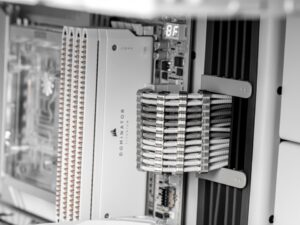 Close-up of computer server rack components