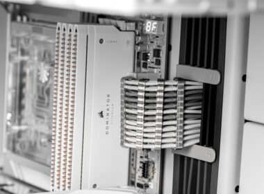 Close-up of computer server rack components