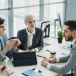 Diverse business team collaborating in a modern office.