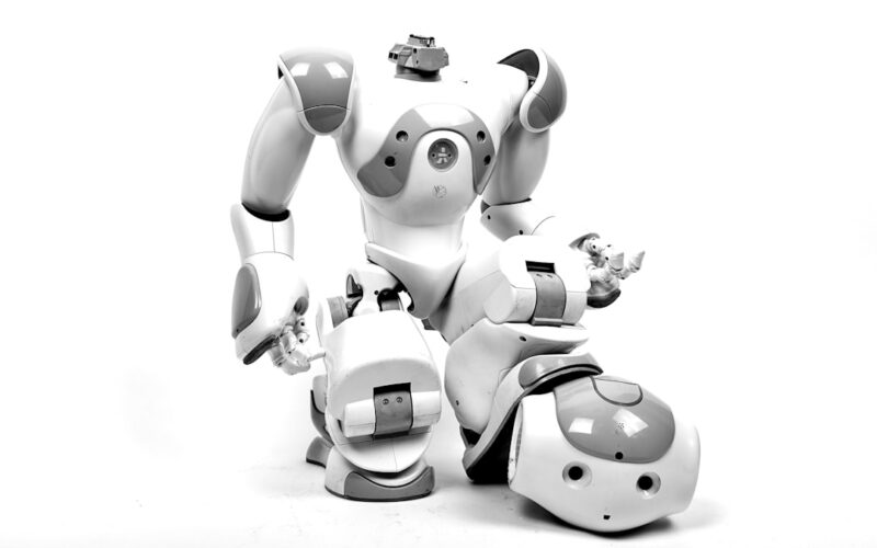 white and gray RoboSapien in white background
