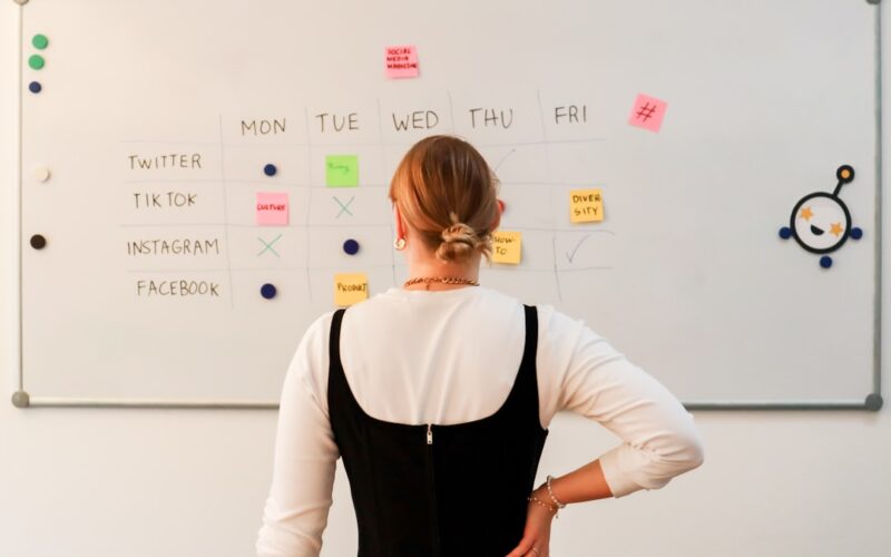 a woman standing in front of a white board with sticky notes on it